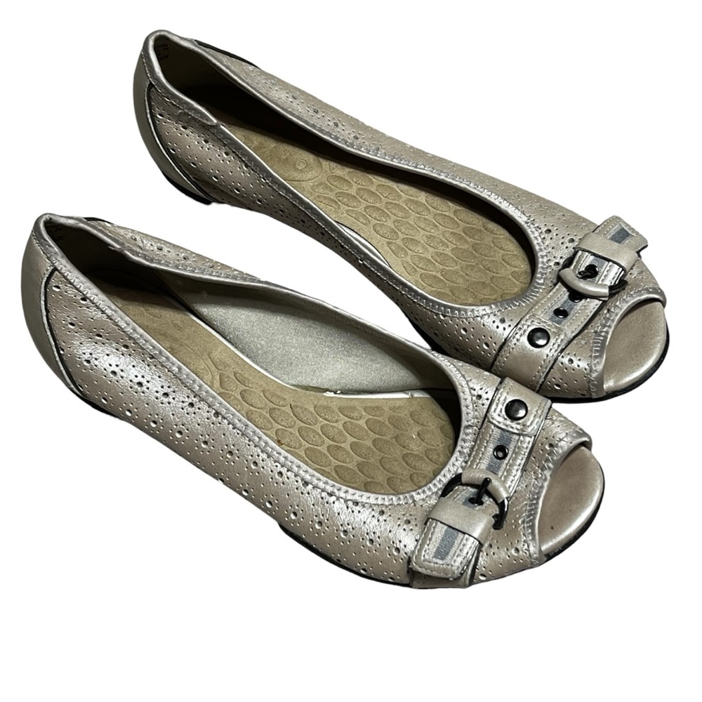 Women's Metallic Taupe Peep-Toe Comfort Flats with Buckle Accent